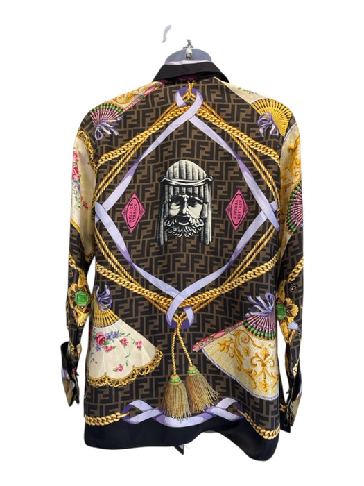 Fendace NWT Size 38 brown, gold, multi Silk zucca monogram fan print Shirt brown, gold, multi / 38