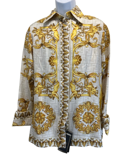 Fendace NWT Size 38 Cream & Gold Silk Baroque Twill Button Down Shirt Cream & Gold / 38