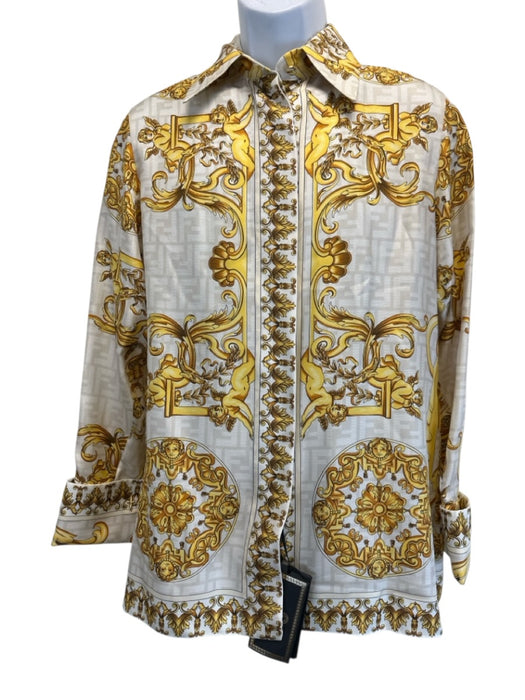 Fendace NWT Size 38 Cream & Gold Silk Baroque Twill Button Down Shirt Cream & Gold / 38