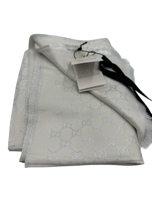 Gucci White & Silver Cotton Blend Jacquard Guccissima Fringe Trim scarf White & Silver