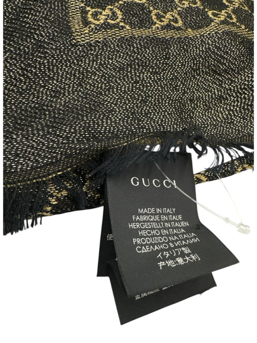 Gucci Black & Gold Viscose Wool Blend Jacquard Guccissima Fringe Trim scarf Black & Gold