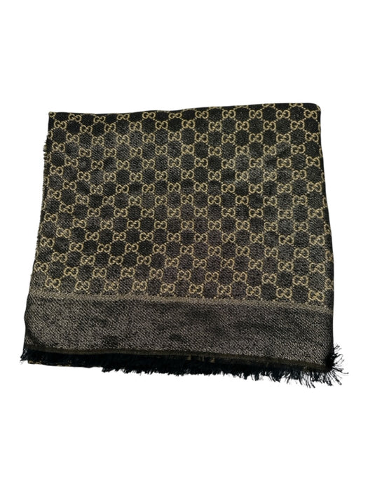 Gucci Black & Gold Viscose Wool Blend Jacquard Guccissima Fringe Trim scarf Black & Gold