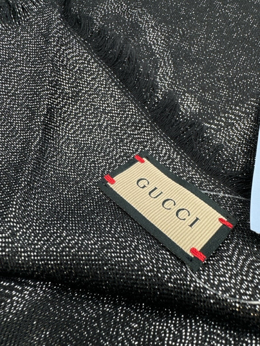 Gucci Black & Silver Viscose Blend Jacquard Guccissima Fringe Trim Shawl scarf Black & Silver