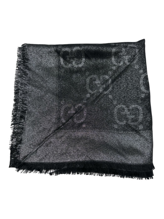 Gucci Black & Silver Viscose Blend Jacquard Guccissima Fringe Trim Shawl scarf Black & Silver