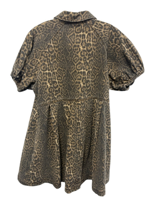 Entro Size M Brown Multi Cotton Button Front Leopard Print Puff Sleeve Dress Brown Multi / M