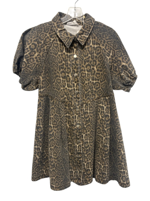 Entro Size M Brown Multi Cotton Button Front Leopard Print Puff Sleeve Dress Brown Multi / M