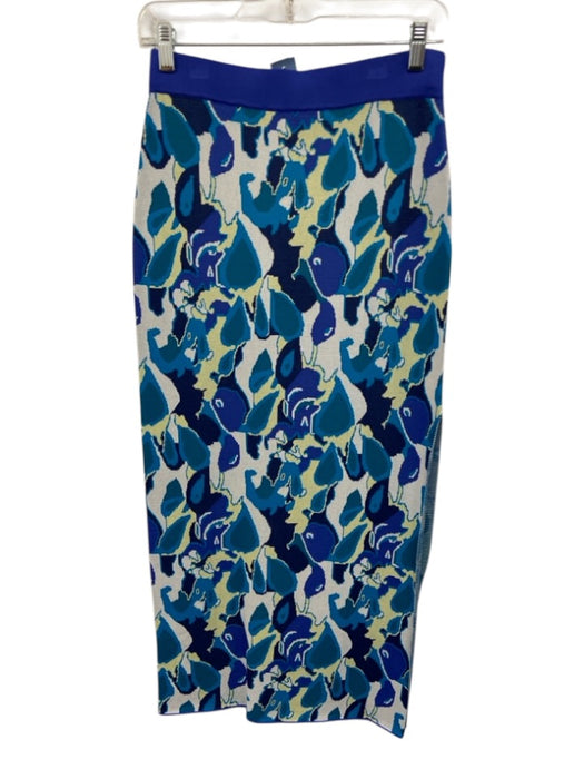 Staud Size M Blue & Multi Viscose Elastic Waist Leg Slit Printed Skirt Blue & Multi / M