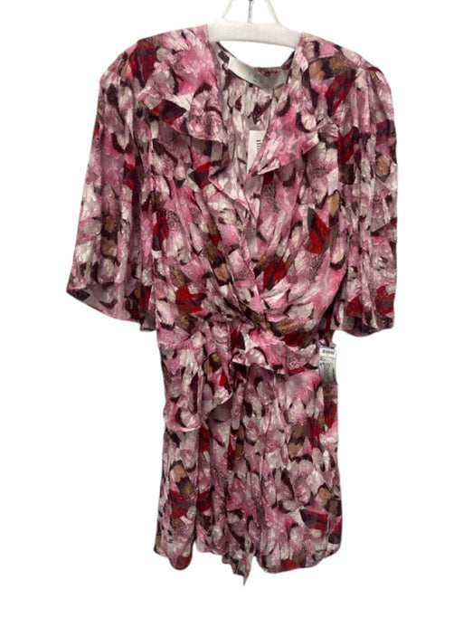 IRO Size 36 Pink & Multi Silk Blend V Neck Printed Ruffles Mini Dress Pink & Multi / 36