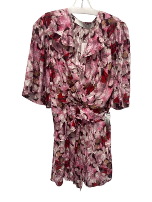 IRO Size 36 Pink & Multi Silk Blend V Neck Printed Ruffles Mini Dress Pink & Multi / 36