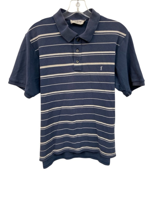 Yves Saint Laurent Size L Blue & White Cotton Striped Polo Men's Short Sleeve Blue & White / L