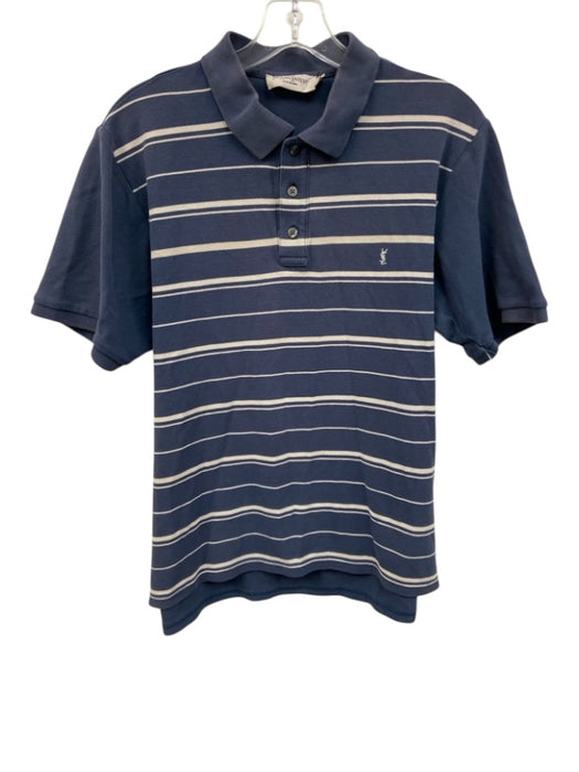 Yves Saint Laurent Size L Blue & White Cotton Striped Polo Men's Short Sleeve Blue & White / L