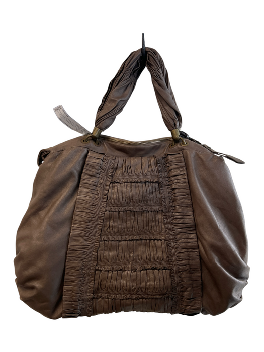 Elie Tahari Brown Leather Gathered Top Handle Zip Close Brass Hardware Bag Brown / L