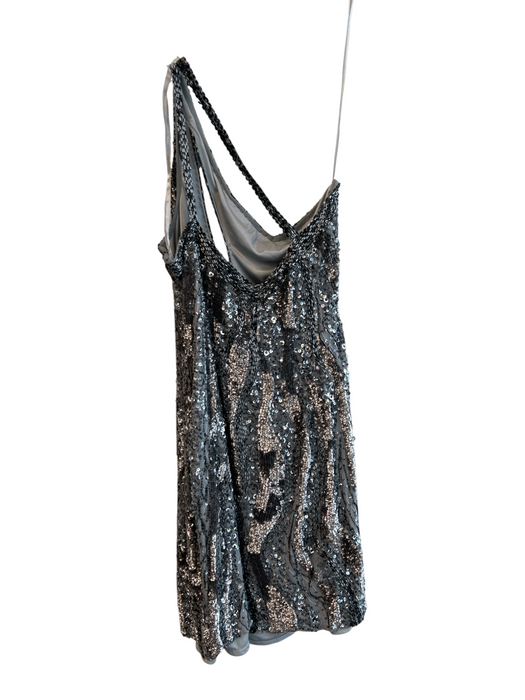Adrianna Papell Size 10 Gray & Silver Silk Beads & Sequins One Shoulder Dress Gray & Silver / 10
