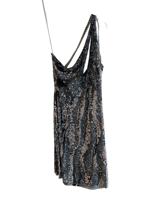 Adrianna Papell Size 10 Gray & Silver Silk Beads & Sequins One Shoulder Dress Gray & Silver / 10