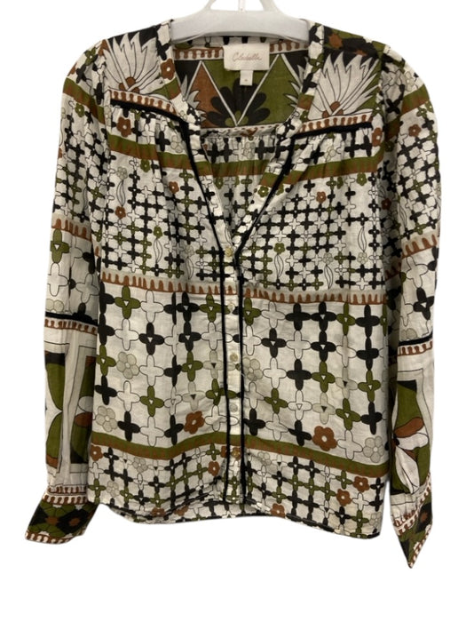 Cleobella Size M White, Brown & Green Cotton Printed Button Front V Neck Top White, Brown & Green / M