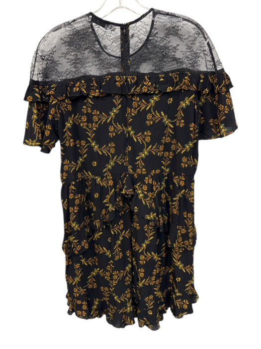 Sandro Size 40 Black & Yellow Viscose Lace Butterflies Ruffle Short Sleeve Dress Black & Yellow / 40
