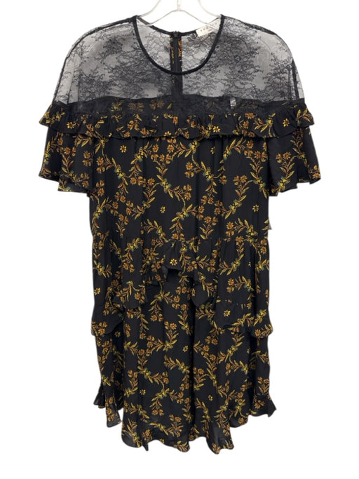 Sandro Size 40 Black & Yellow Viscose Lace Butterflies Ruffle Short Sleeve Dress Black & Yellow / 40