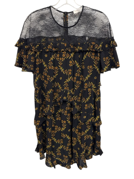 Sandro Size 40 Black & Yellow Viscose Lace Butterflies Ruffle Short Sleeve Dress Black & Yellow / 40