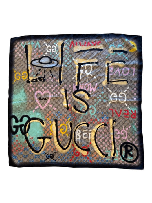 Gucci tan, black, multi Silk Gucci Ghost Print Rolled Edges Square scarf tan, black, multi