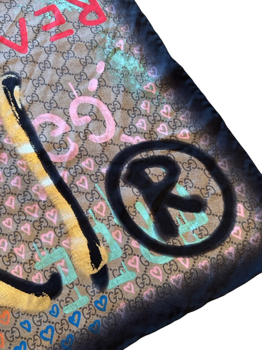 Gucci tan, black, multi Silk Gucci Ghost Print Rolled Edges Square scarf tan, black, multi