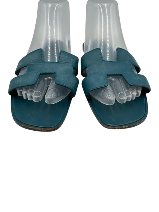 Hermes Shoe Size 39 Teal Blue Leather Logo Cut Out Slide Sandals Teal Blue / 39