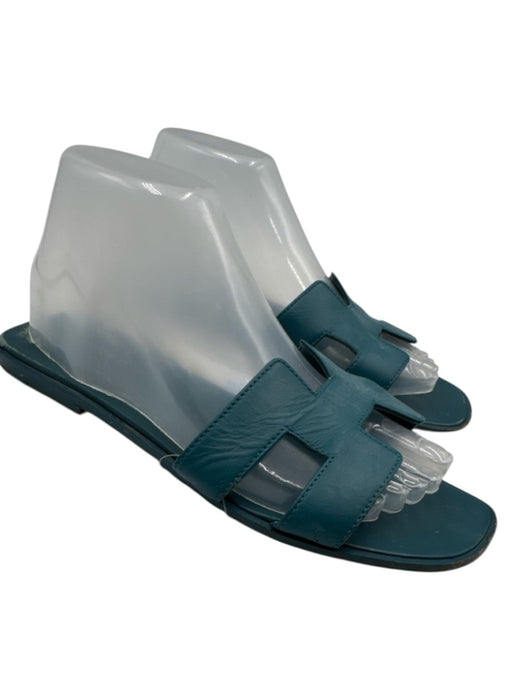 Hermes Shoe Size 39 Teal Blue Leather Logo Cut Out Slide Sandals Teal Blue / 39