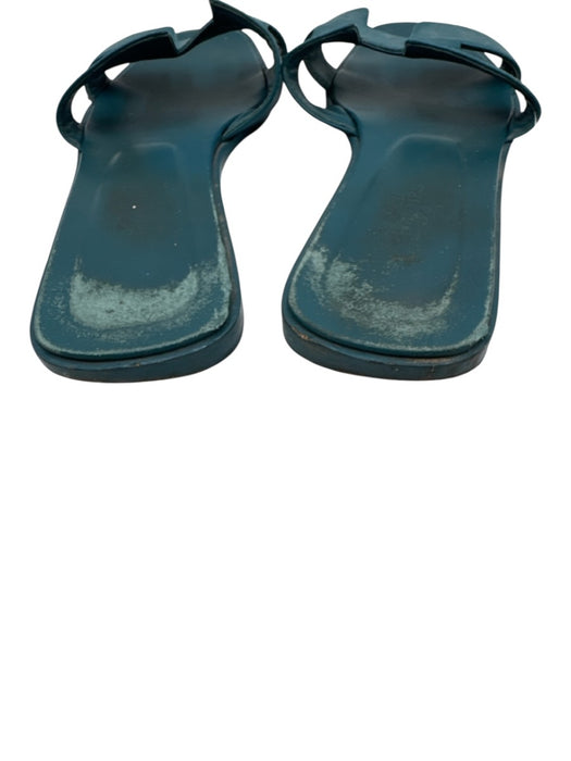 Hermes Shoe Size 39 Teal Blue Leather Logo Cut Out Slide Sandals Teal Blue / 39