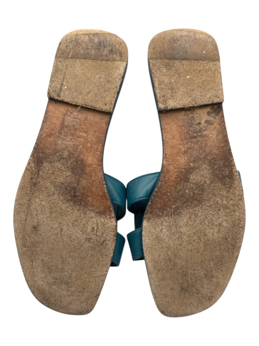 Hermes Shoe Size 39 Teal Blue Leather Logo Cut Out Slide Sandals Teal Blue / 39