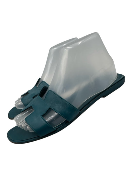 Hermes Shoe Size 39 Teal Blue Leather Logo Cut Out Slide Sandals Teal Blue / 39