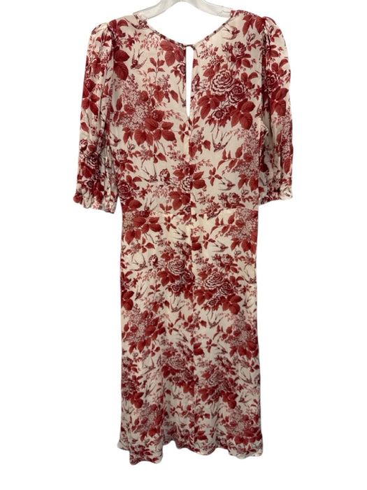 Reformation Size 10 Cream & Red Viscose Floral Short Puff Sleeve Midi Dress Cream & Red / 10