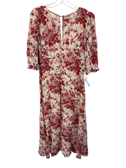 Reformation Size 10 Cream & Red Viscose Floral Short Puff Sleeve Midi Dress Cream & Red / 10