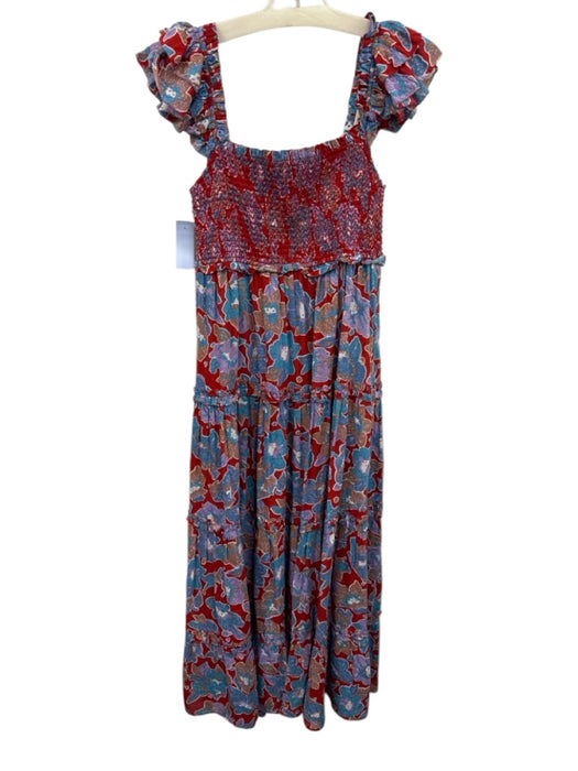 Love The Label Size M Red, Blue, Purple Cotton Shirred Floral Maxi Dress Red, Blue, Purple / M
