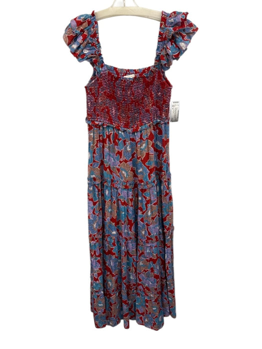 Love The Label Size M Red, Blue, Purple Cotton Shirred Floral Maxi Dress Red, Blue, Purple / M