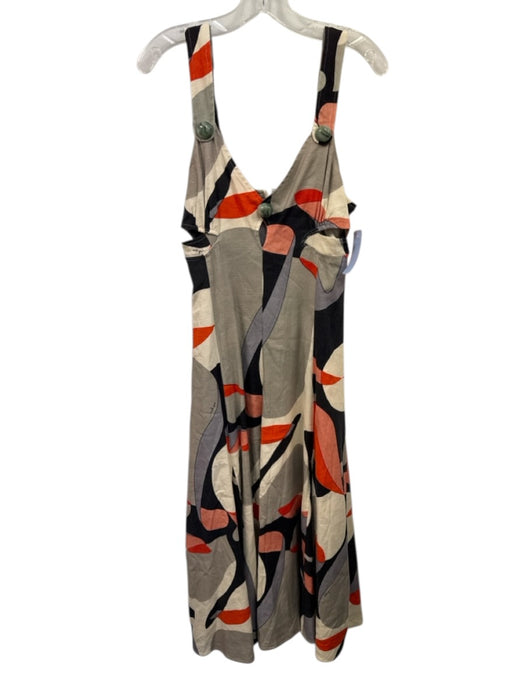 Cult Gaia Size M Gray, Cream, Red Linen Blend Stone Accent Abstract Midi Dress Gray, Cream, Red / M