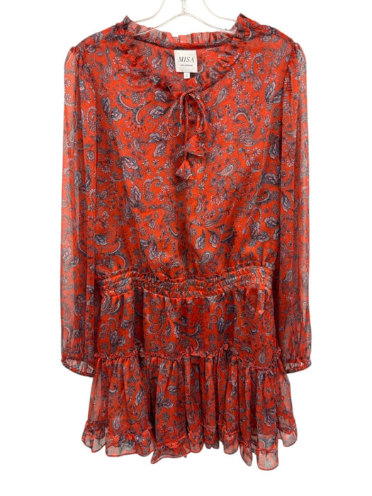 Misa Size L Orange & Blue Polyester Semi Sheer Paisley Ruffle Mini Dress Orange & Blue / L