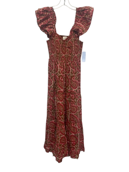 Cleobella Size Small Pink, Brown, White Cotton Ruffle Cap Sleeve Paisley Dress Pink, Brown, White / Small