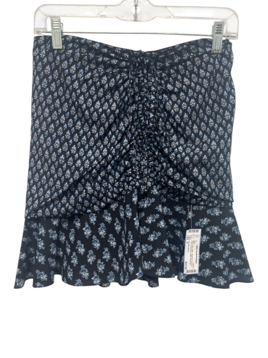 Veronica Beard Size 4 Black, Blue, White Silk Blend Ruched Floral Ruffle Skirt Black, Blue, White / 4