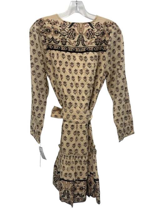 Cleobella Size Small Beige, Brown, Pink Cotton Long Sleeve Floral Surplice Dress Beige, Brown, Pink / Small