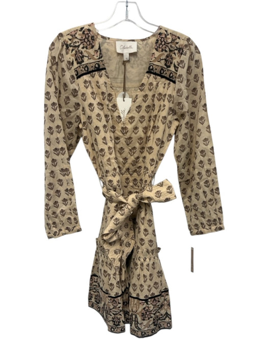 Cleobella Size Small Beige, Brown, Pink Cotton Long Sleeve Floral Surplice Dress Beige, Brown, Pink / Small