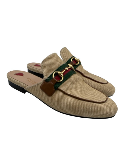 Gucci Shoe Size 37 Beige, Brown, Green textile upper Leather Stripe Mule Loafers Beige, Brown, Green / 37