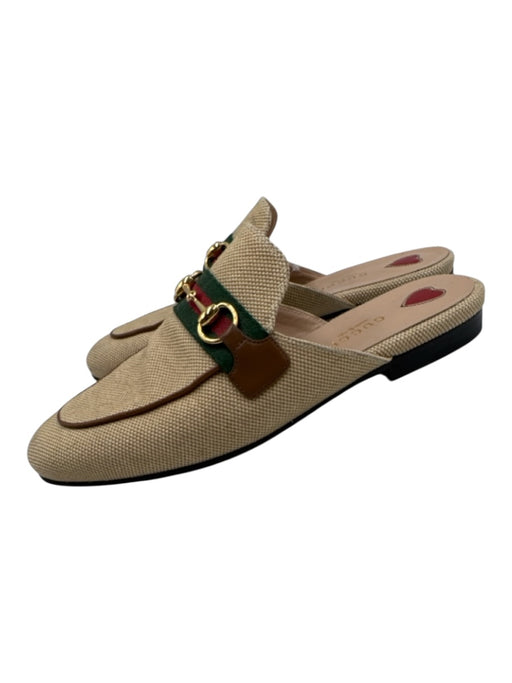 Gucci Shoe Size 37 Beige, Brown, Green textile upper Leather Stripe Mule Loafers Beige, Brown, Green / 37