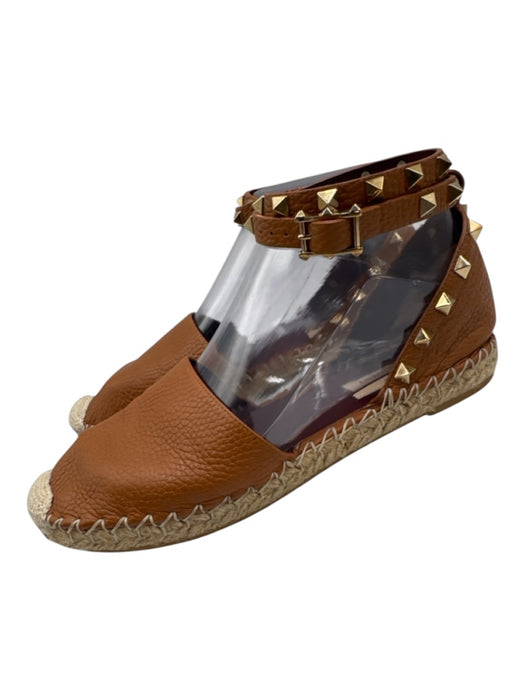 Valentino Shoe Size 37 Cognac Brown Leather Jute D'Orsay Rockstud Flats Cognac Brown / 37