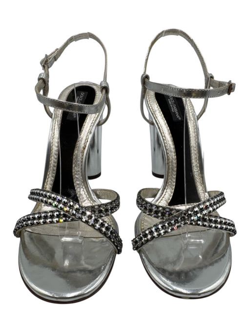 Dolce & Gabbana Shoe Size 36.5 Silver Leather Rhinestone Ankle Strap Sandals Silver / 36.5