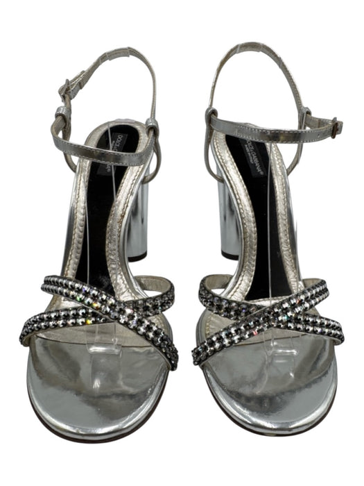 Dolce & Gabbana Shoe Size 36.5 Silver Leather Rhinestone Ankle Strap Sandals Silver / 36.5