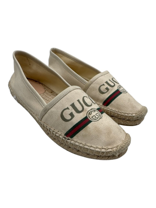 Gucci Shoe Size 36.5 Cream, Red, Green Canvas Upper Leather trim Logo Flats Cream, Red, Green / 36.5