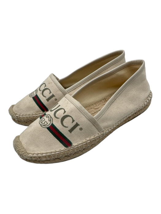 Gucci Shoe Size 36.5 Cream, Red, Green Canvas Upper Leather trim Logo Flats Cream, Red, Green / 36.5