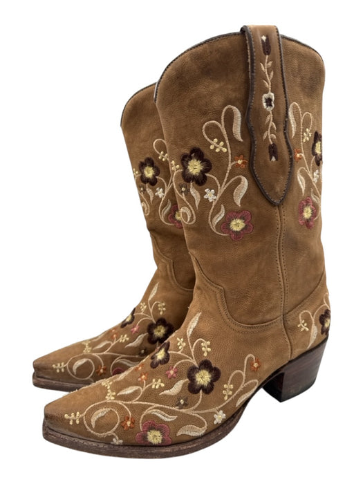 Ann Mashburn Shoe Size 39 Brown, cream, pink Leather Embroidered Floral Boots Brown, cream, pink / 39