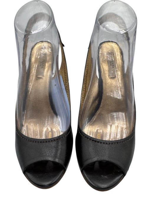 Prada Shoe Size 38.5 Black & Brown Leather Upper Peep Toe Slingback Pumps Black & Brown / 38.5