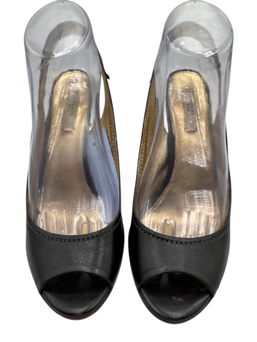 Prada Shoe Size 38.5 Black & Brown Leather Upper Peep Toe Slingback Pumps Black & Brown / 38.5