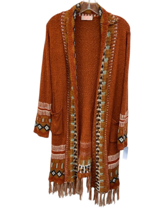 C + D + M Size M rust orange & blue Acrylic Blend Southwestern Fringe Cardigan rust orange & blue / M